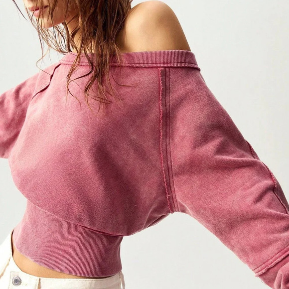 Pink Casual Women's Knitted Long Sleeve Cropped Loose Pullover Sweater - Picture 6 of 8